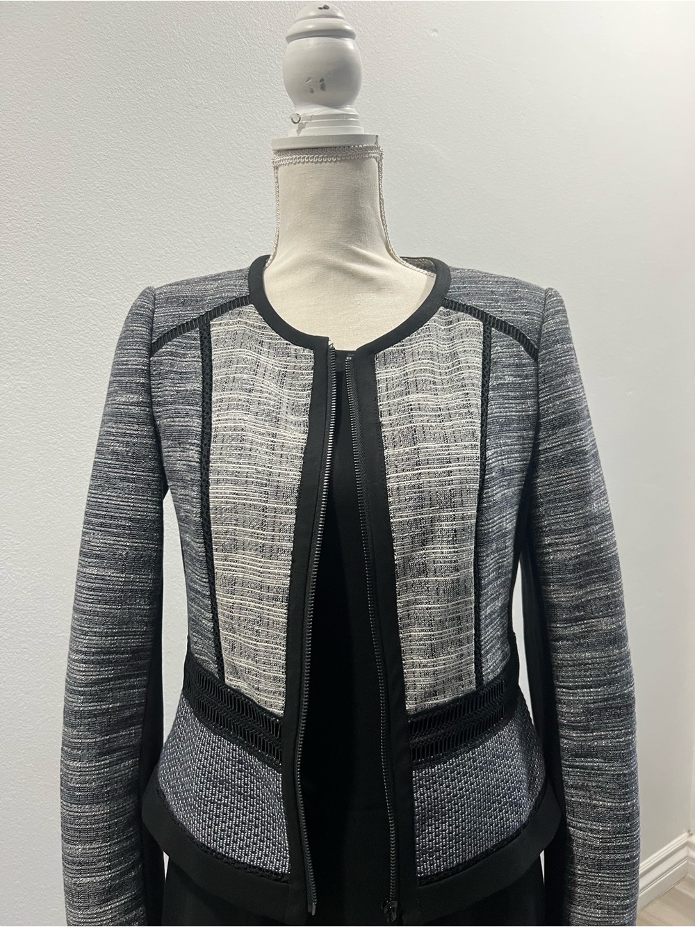 White House Black Market Black and Gray Tweed Zip Jacket